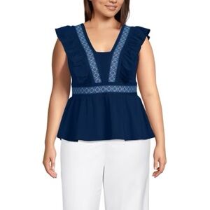 Lands' End Navy Blue Ruffle V-Neck Blouse